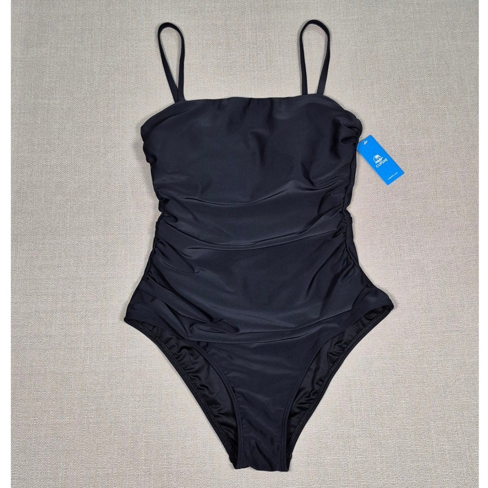 Cupshe Womens Black Ruched Tummy Control One Piece Swimsuit Strappy Back Size M